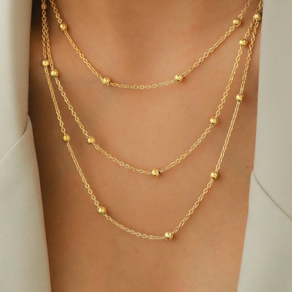 Triple Layer Station Chain Necklace in Gold